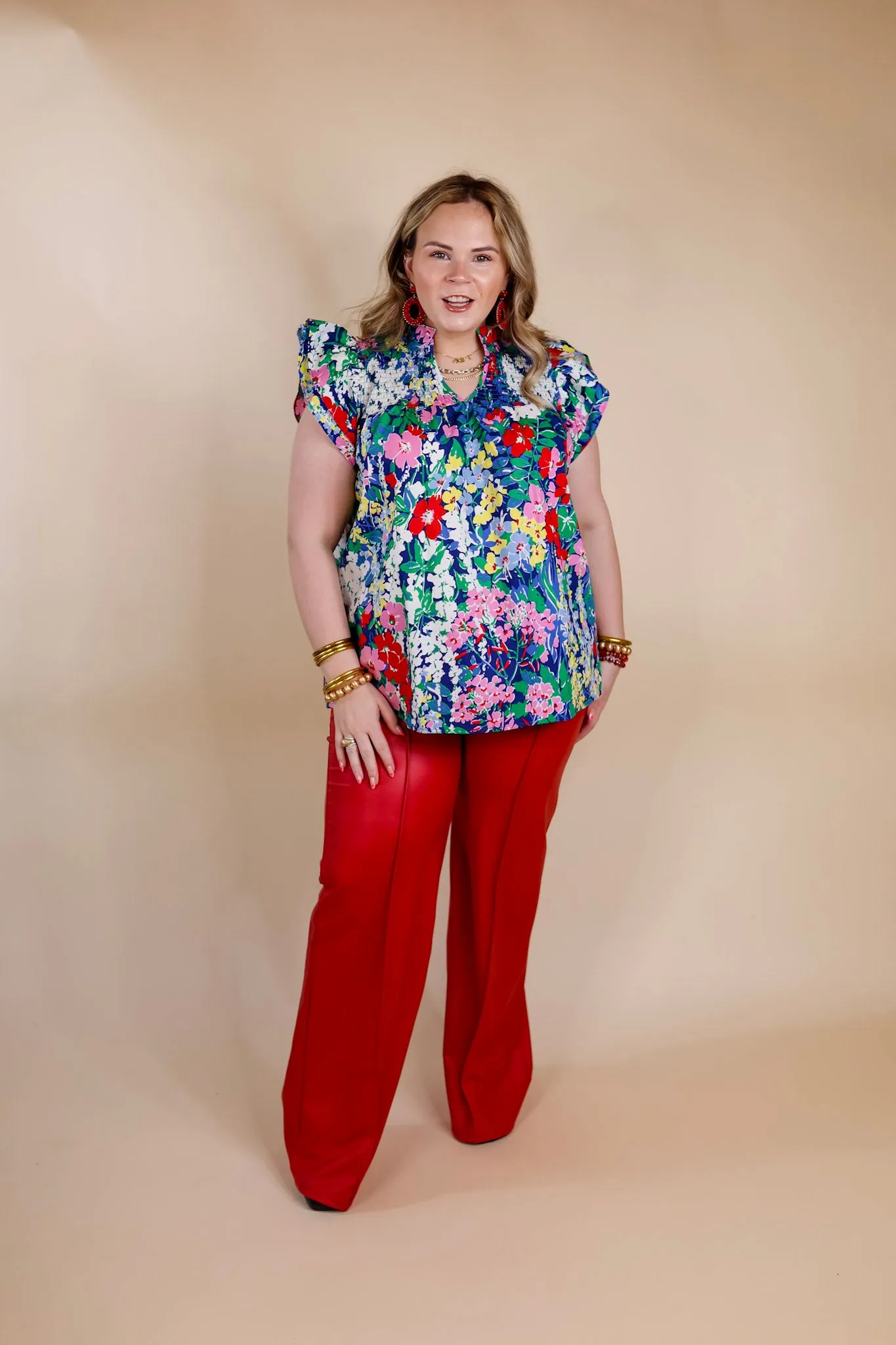 Lovely Line Up Floral Print Top with Ruffle Cap Sleeves in Blue Mix