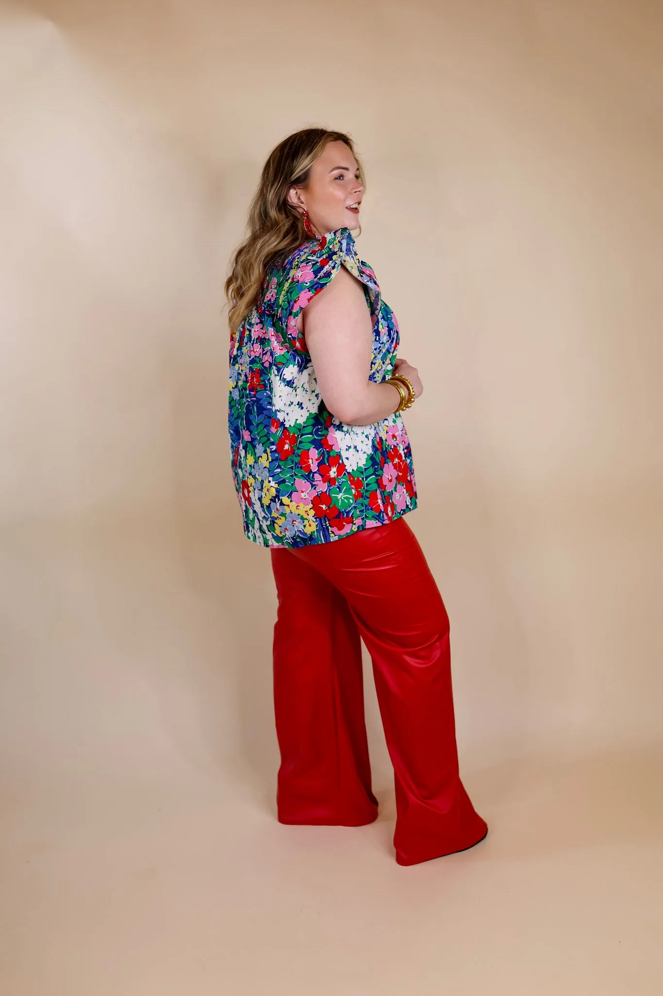 Lovely Line Up Floral Print Top with Ruffle Cap Sleeves in Blue Mix