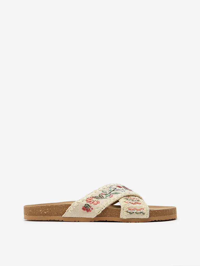 LUNA BLU Off-White Embroidered Slip-On Sandals