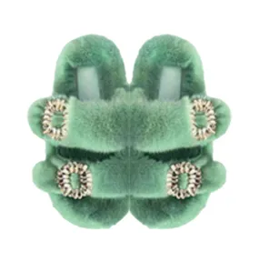 Luxe Mink Slide Sandals with Crystal Buckle - Mint