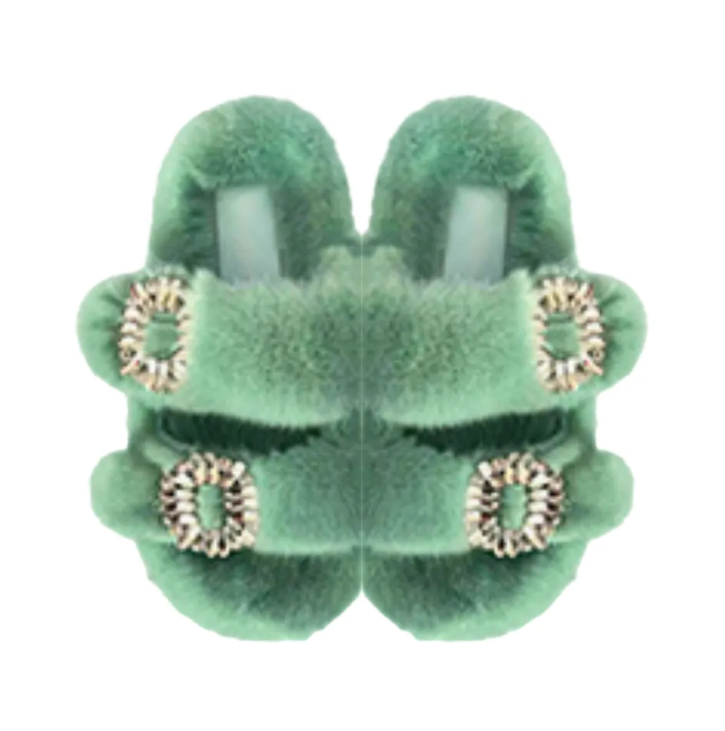 Luxe Mink Slide Sandals with Crystal Buckle - Mint