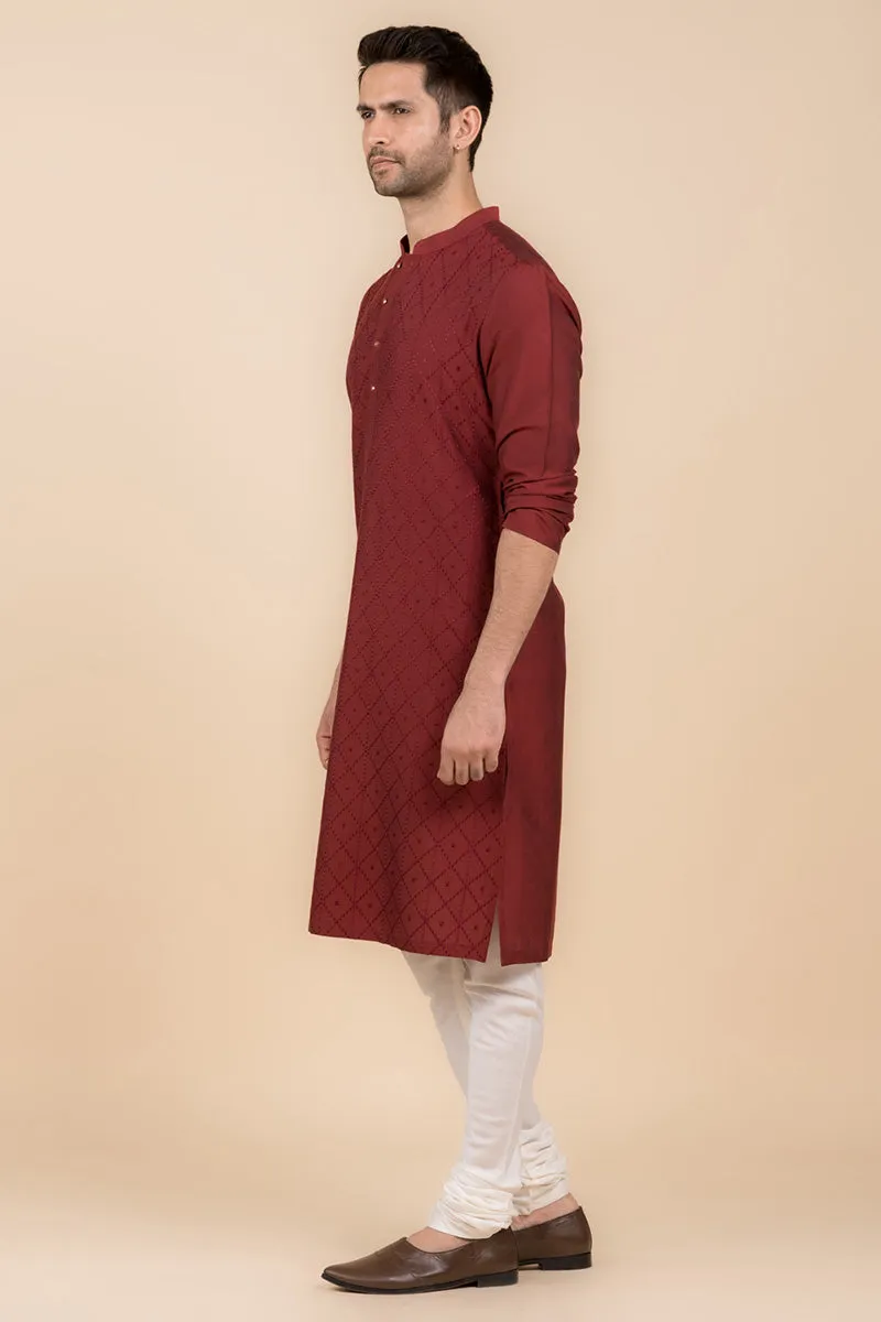 Maroon All Over Jaal Embroidered Kurta Set