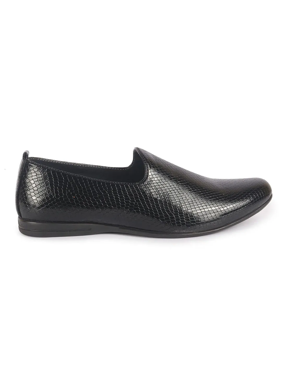 Men Black Textured Ethnic Round Toe Juttis and Mojaris for Wedding|Party Slip-On|Traditional Kurtas Shoes|Festive Shoes