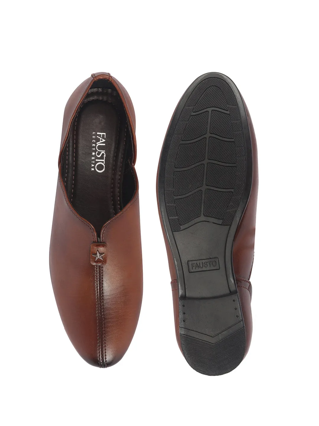 Men Tan Pointed Toe Ethnic Slip On Juttis and Mojaris for Wedding|Party Slip On Shoes|Kurtas Shoes|Traditional Shoes