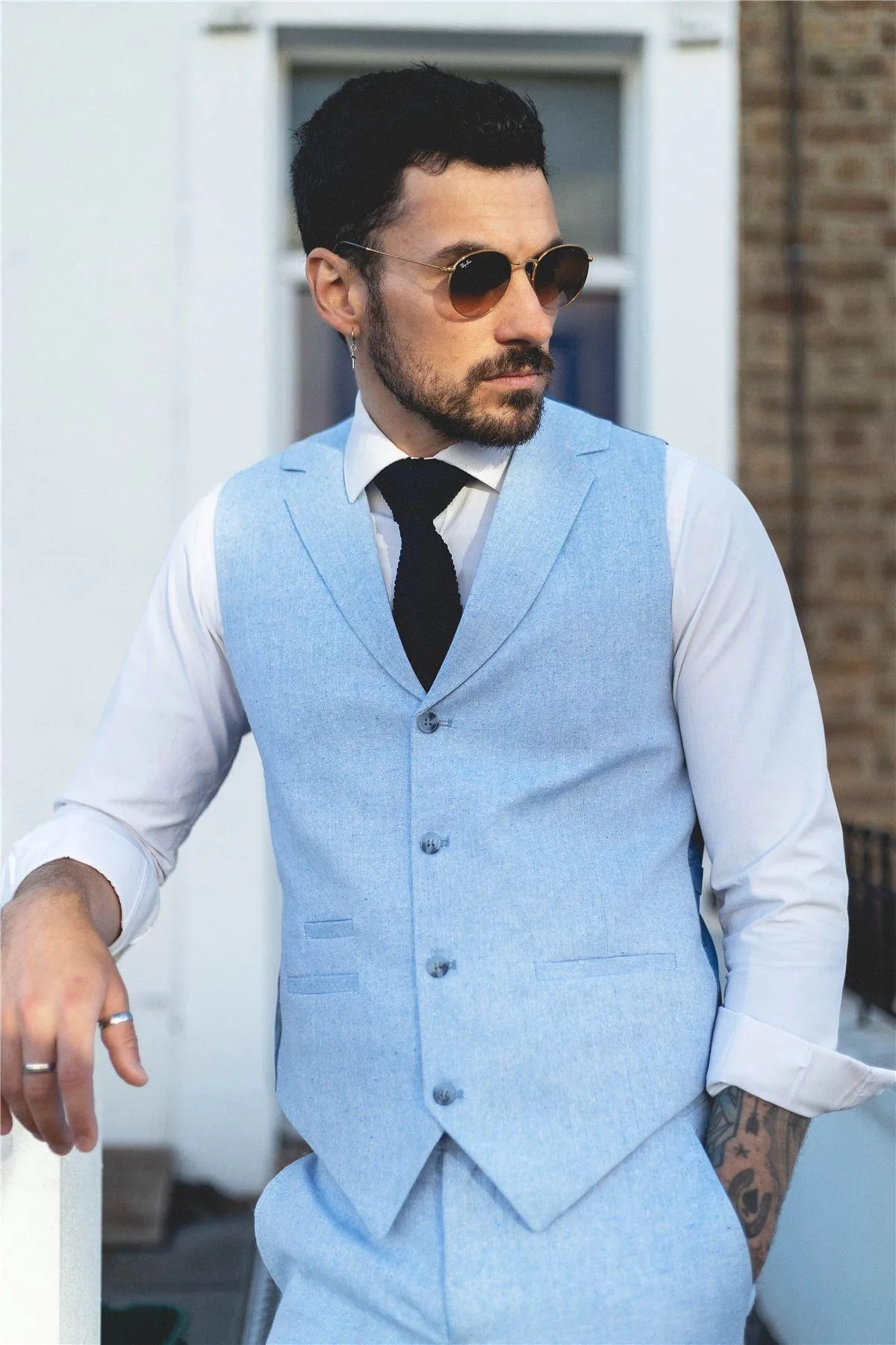 Mens Summer Suit Waistcoat Trousers Linen Smart Formal Baby Blue Wedding