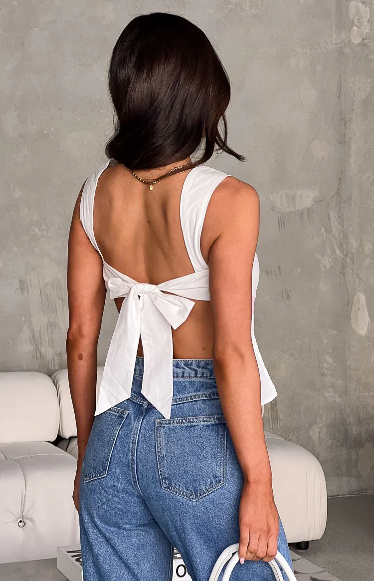 Mika White Ribbon Tie Back Top