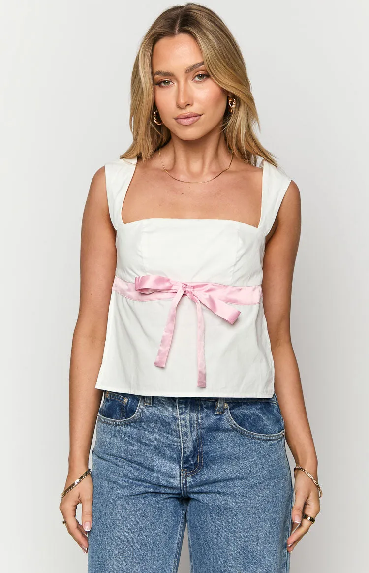 Mika White Ribbon Tie Back Top