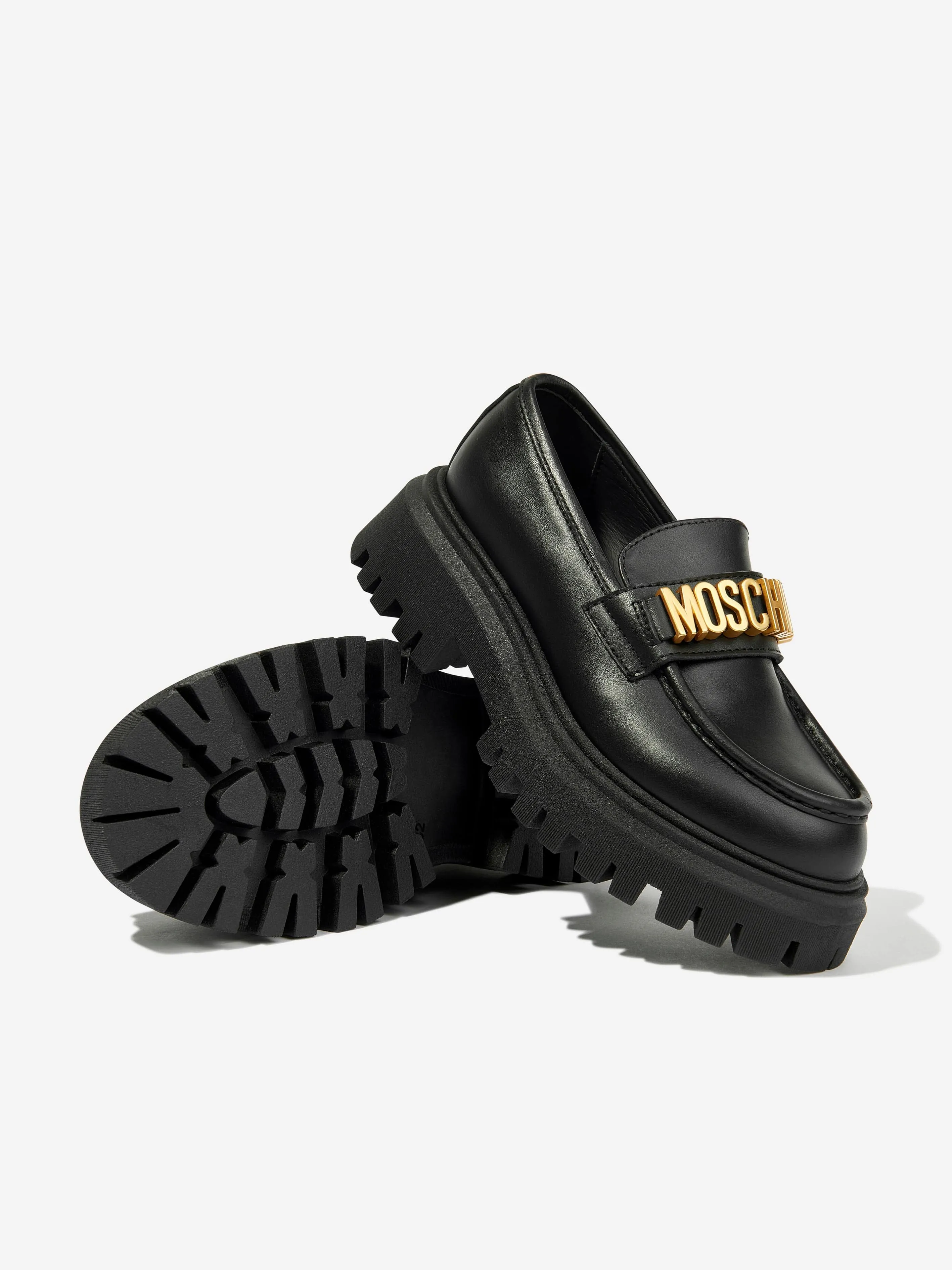 Moschino Girls Leather Logo Loafers in Black