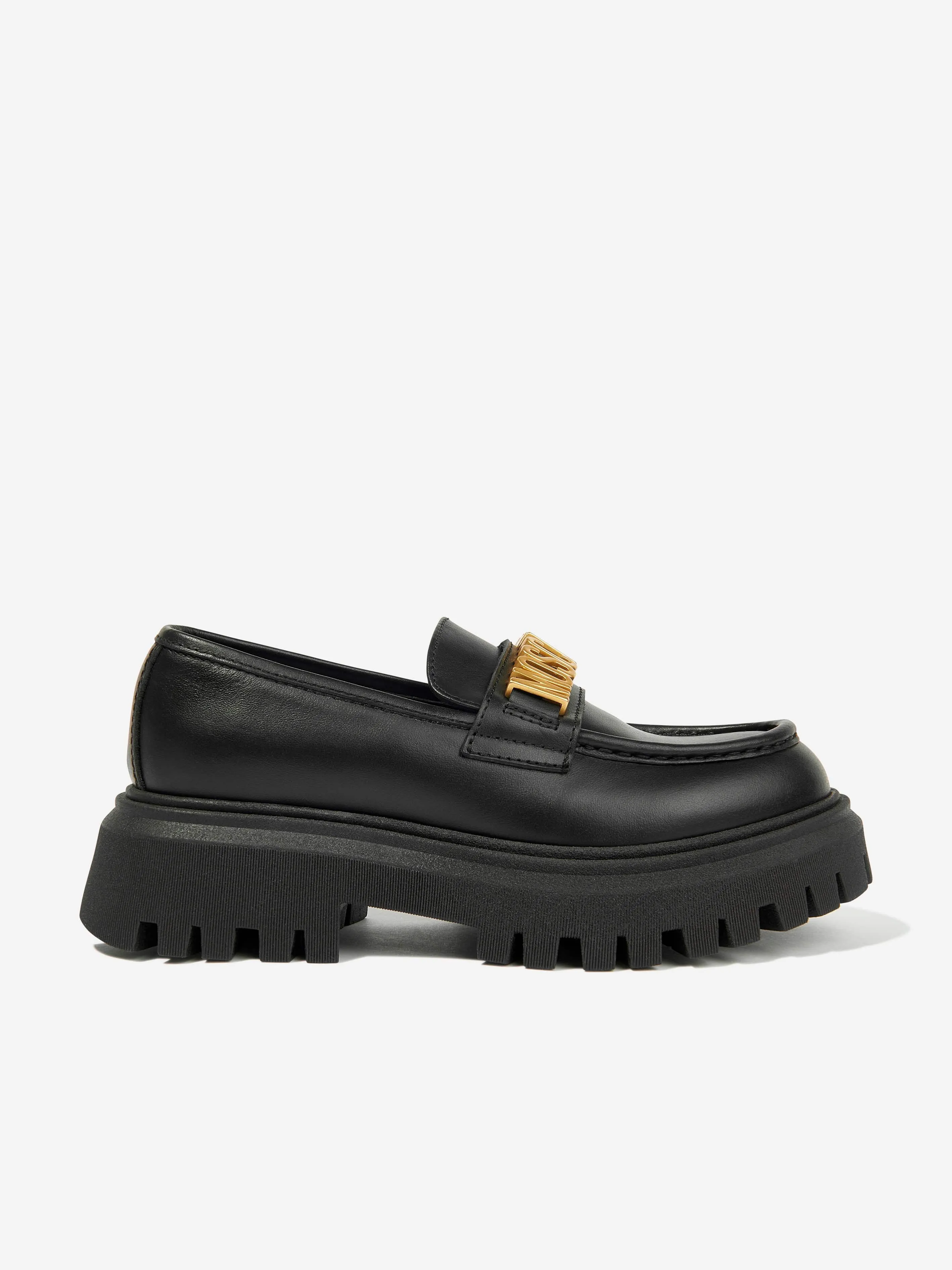 Moschino Girls Leather Logo Loafers in Black