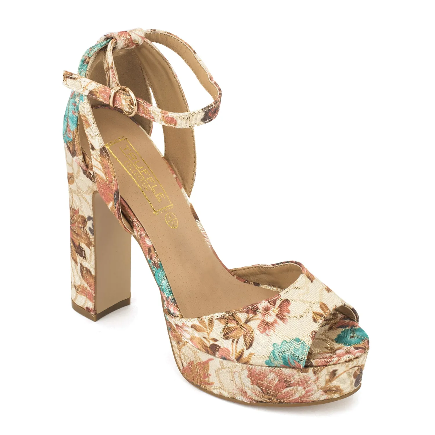 Nude Floral Print Platform Block Heel Sandals