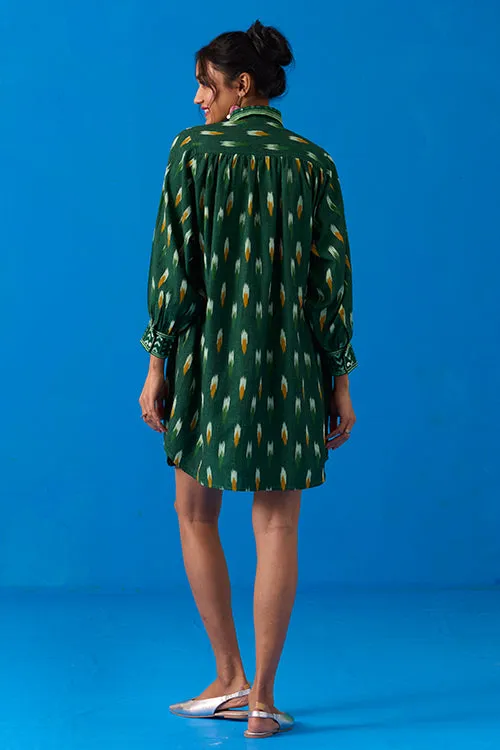 Okhai “Peacock Flare” Hand-Embroidered Ikkat Pure Cotton Shirt Dress