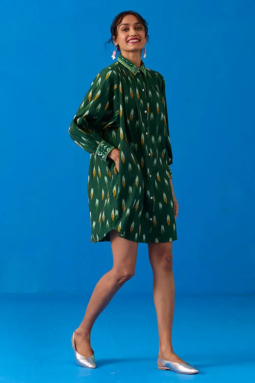 Okhai “Peacock Flare” Hand-Embroidered Ikkat Pure Cotton Shirt Dress