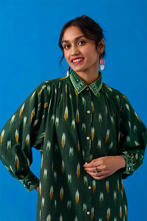 Okhai “Peacock Flare” Hand-Embroidered Ikkat Pure Cotton Shirt Dress