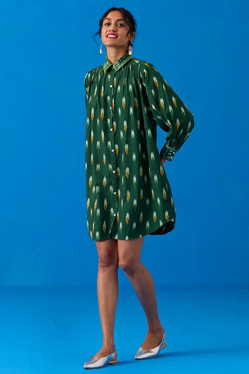 Okhai “Peacock Flare” Hand-Embroidered Ikkat Pure Cotton Shirt Dress