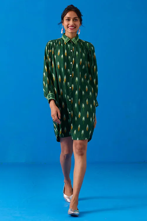 Okhai “Peacock Flare” Hand-Embroidered Ikkat Pure Cotton Shirt Dress