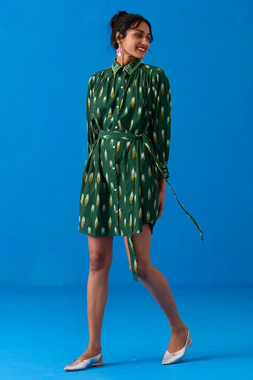 Okhai “Peacock Flare” Hand-Embroidered Ikkat Pure Cotton Shirt Dress