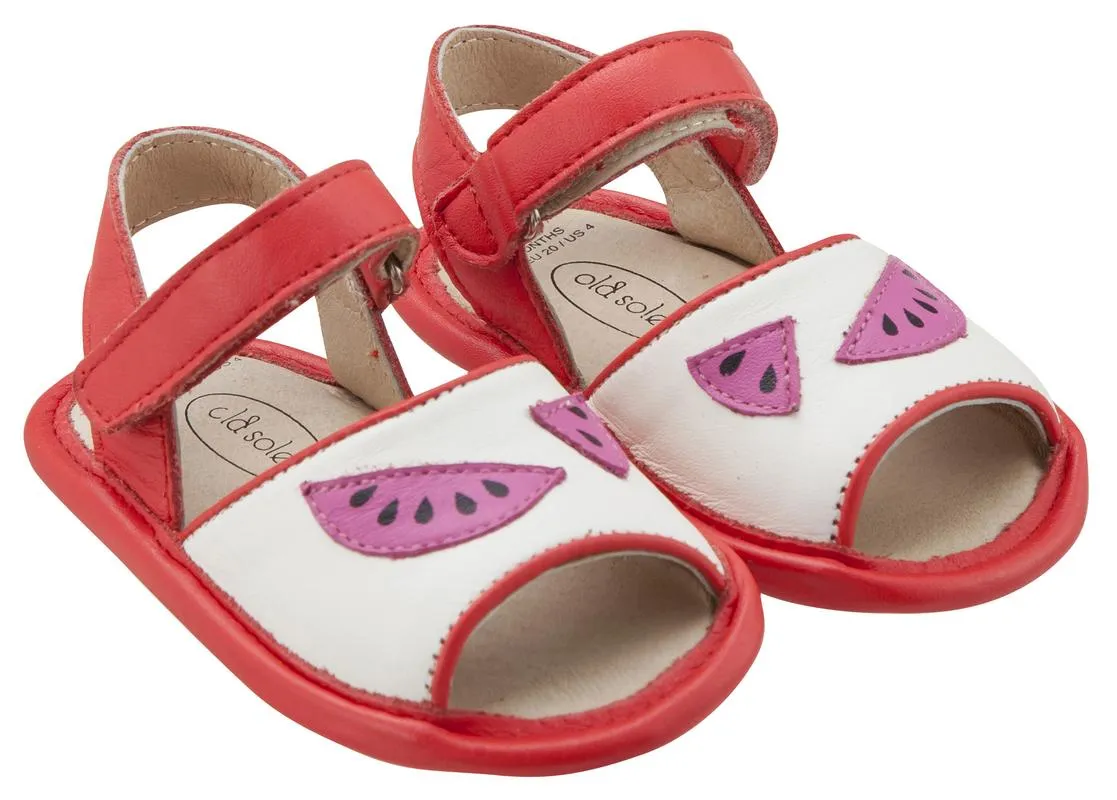 Old Soles Girl's 192 Trop Bambini Watermelon Smooth Bright Red and White Leather Peep-Toe Hook and Loop Sandals