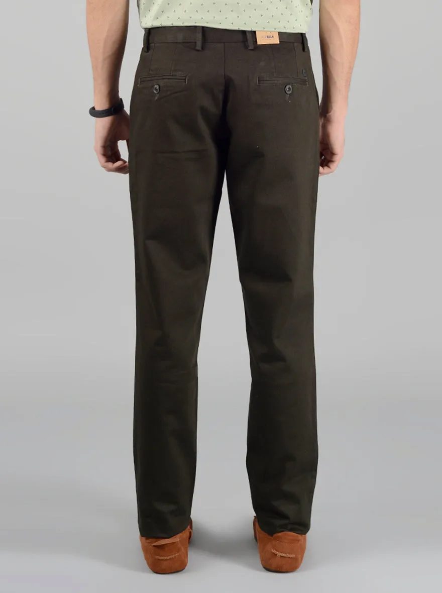 Olive Self Design Slim Fit Casual Trouser | JadeBlue