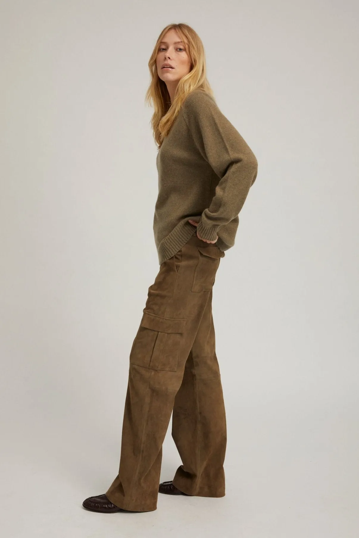 Olive Suede Cargo Trousers