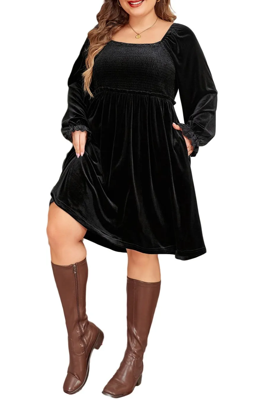 Plus Size Velvet Flounce Long Sleeve Dress