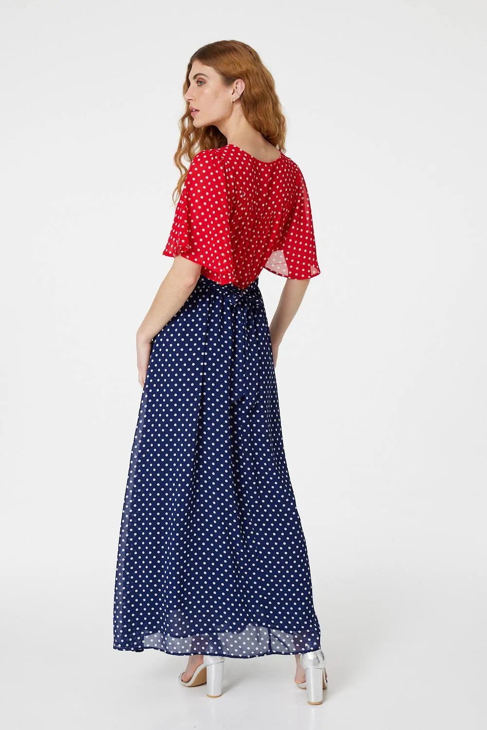 Polka Dot Flared Sleeve Maxi Dress