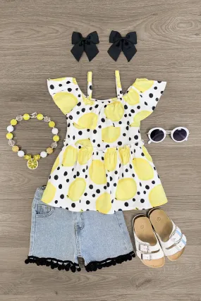 Polka Dot Lemon Denim Short Set