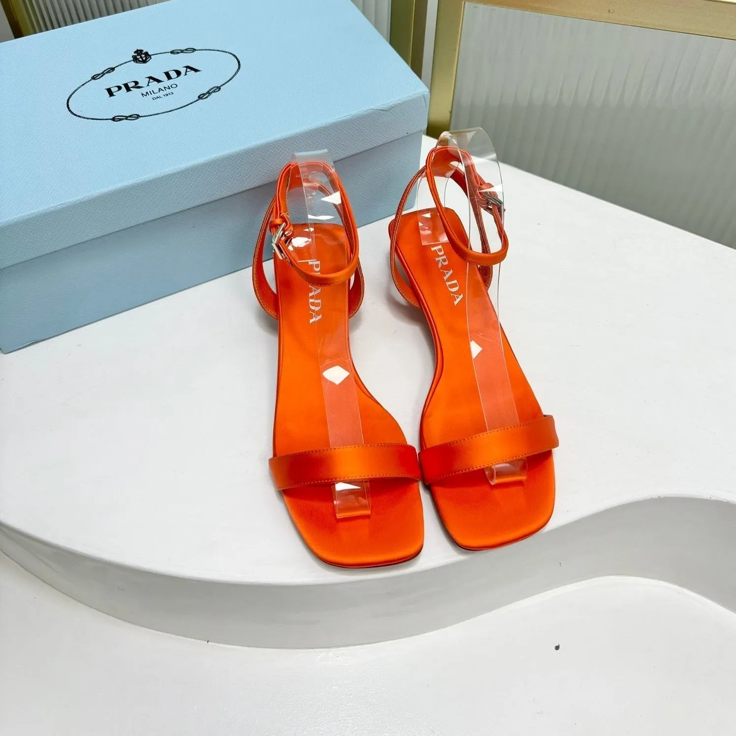 PRA TRIANGLE HEEL SATIN SANDALS BRIGHT ORANGE