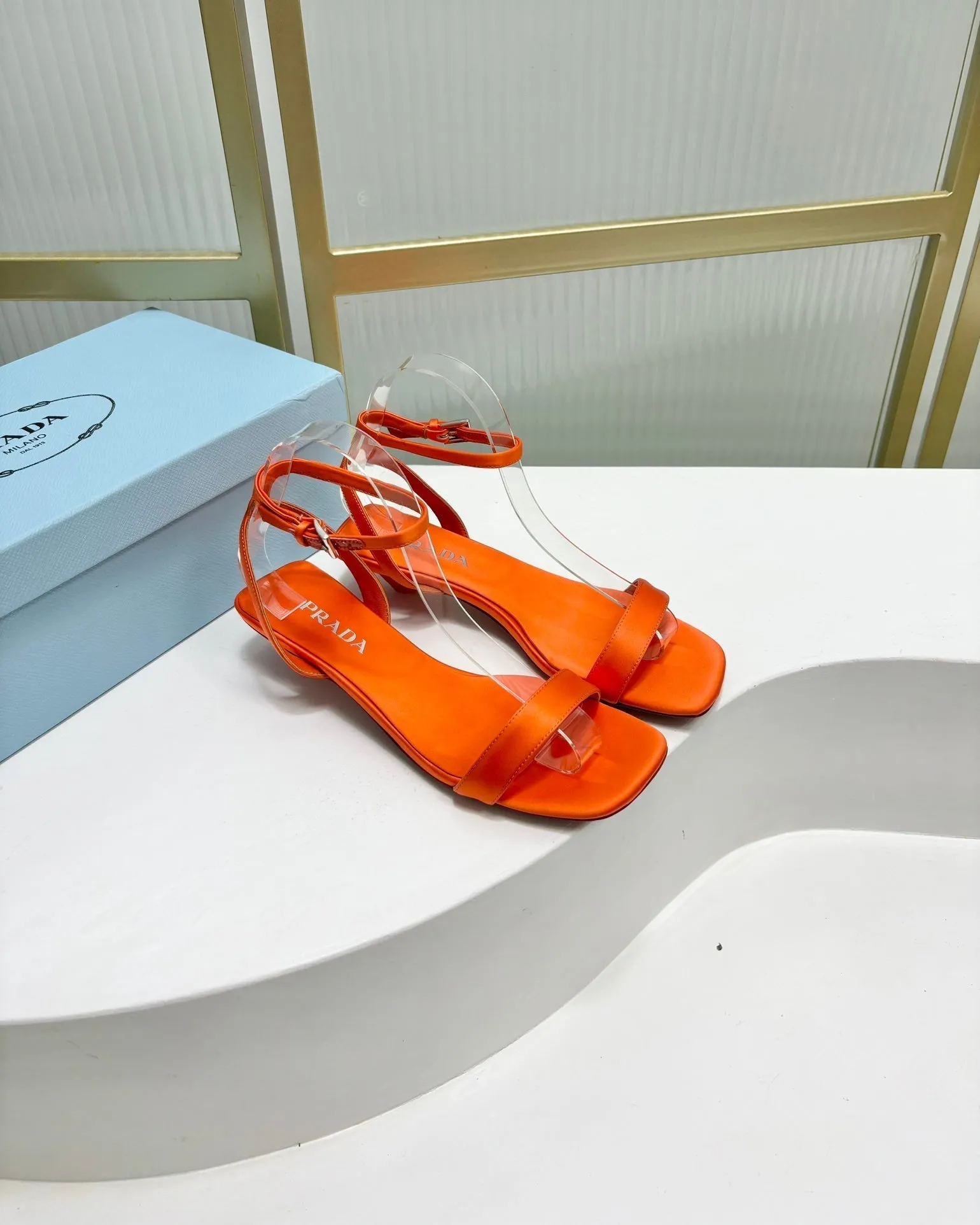 PRA TRIANGLE HEEL SATIN SANDALS BRIGHT ORANGE