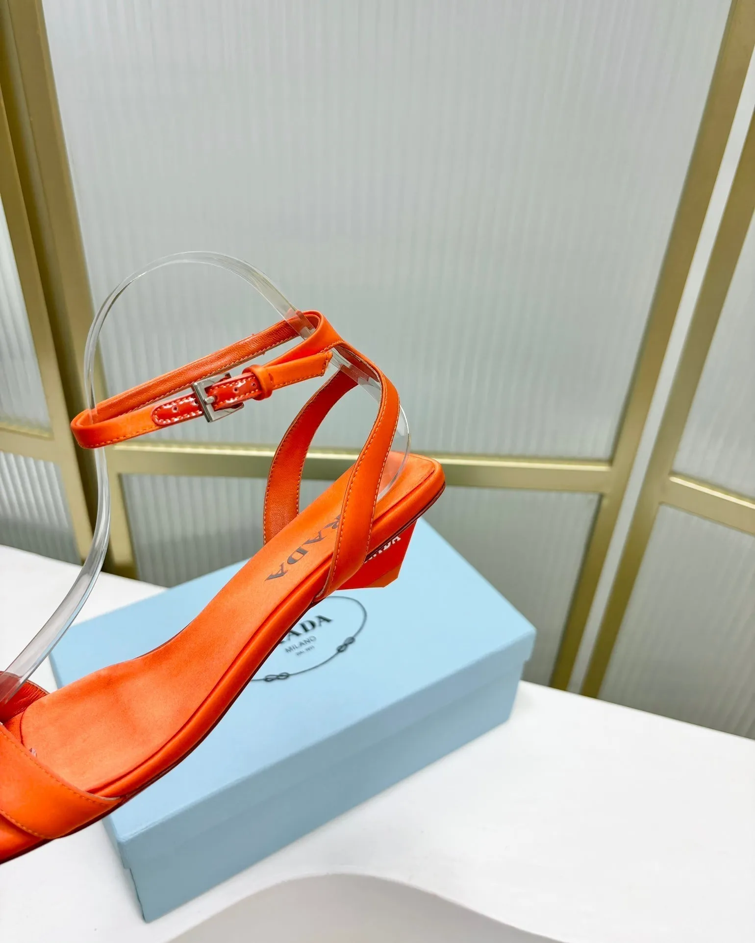 PRA TRIANGLE HEEL SATIN SANDALS BRIGHT ORANGE