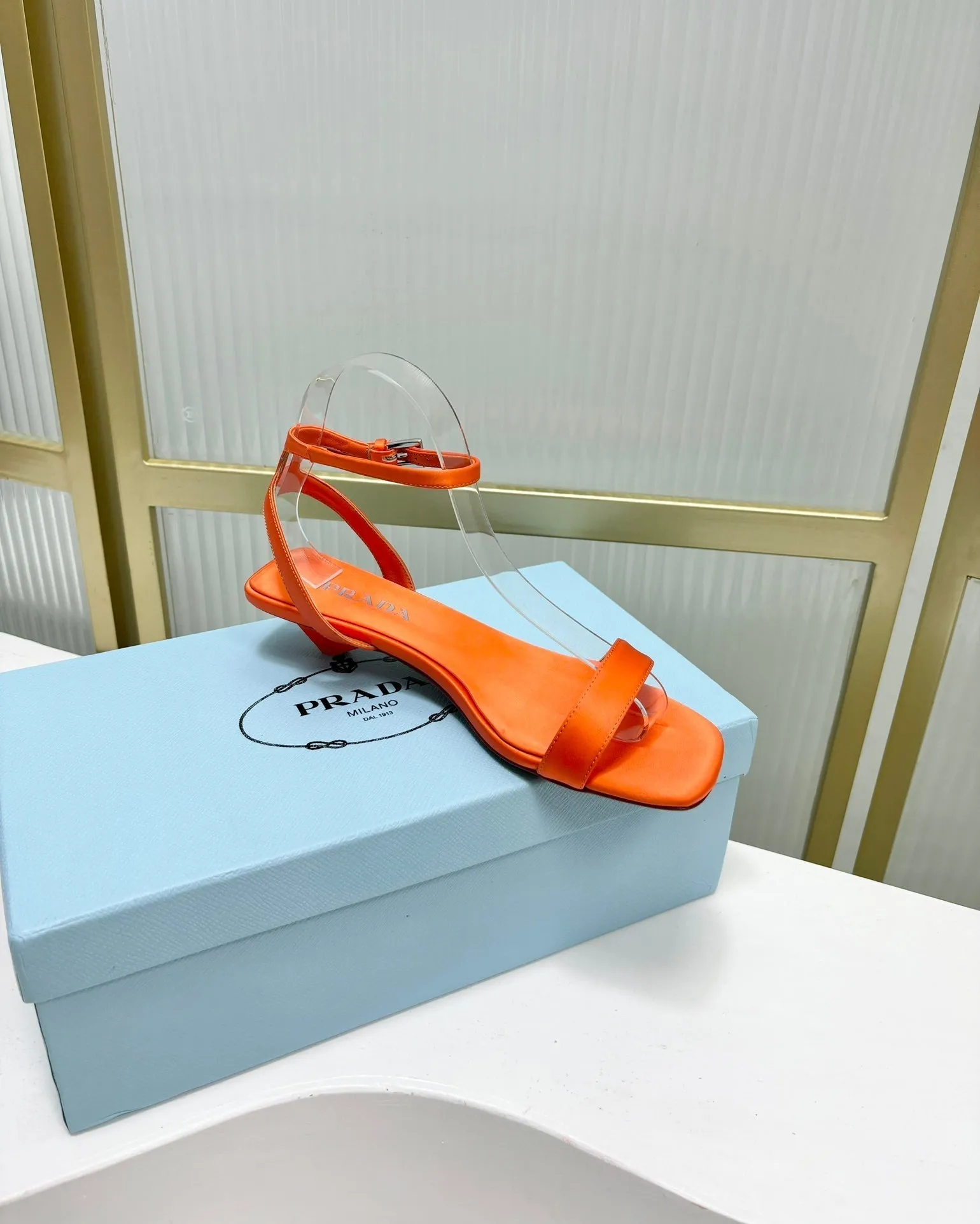 PRA TRIANGLE HEEL SATIN SANDALS BRIGHT ORANGE