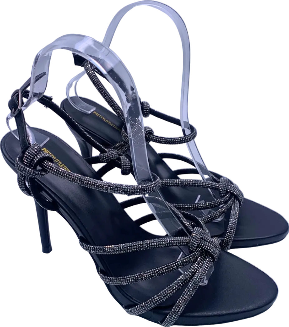 PrettyLittleThing Black Diamante Knot Strappy High Heeled Sandals UK 6