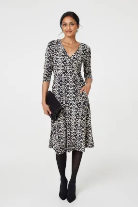 Printed V-Neck 3/4 Sleeve Knee Length Dress