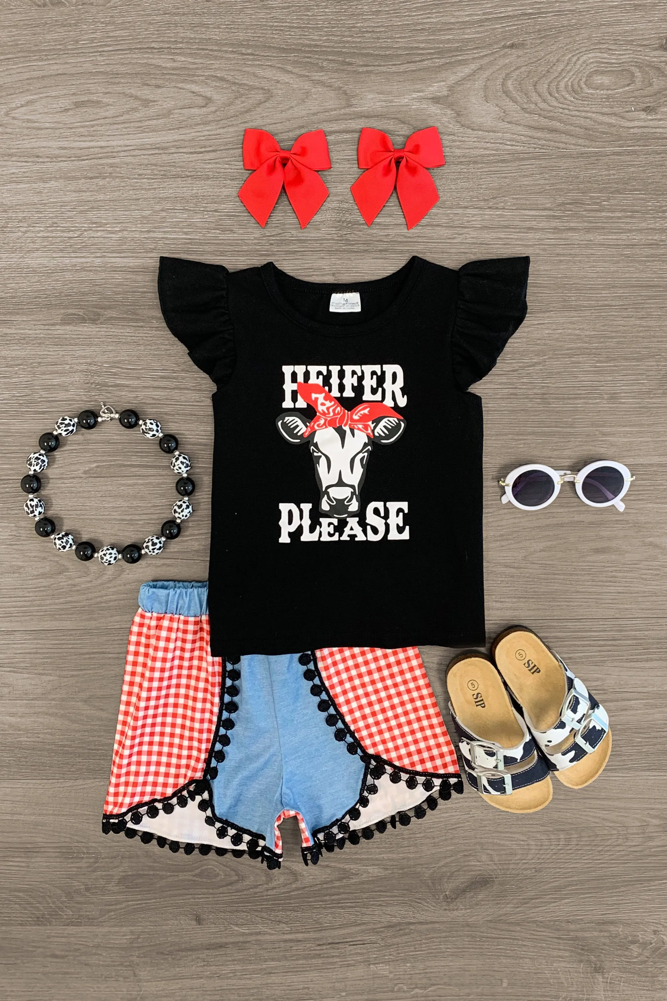 "Heifer Please" Black & Red Gingham Short Set