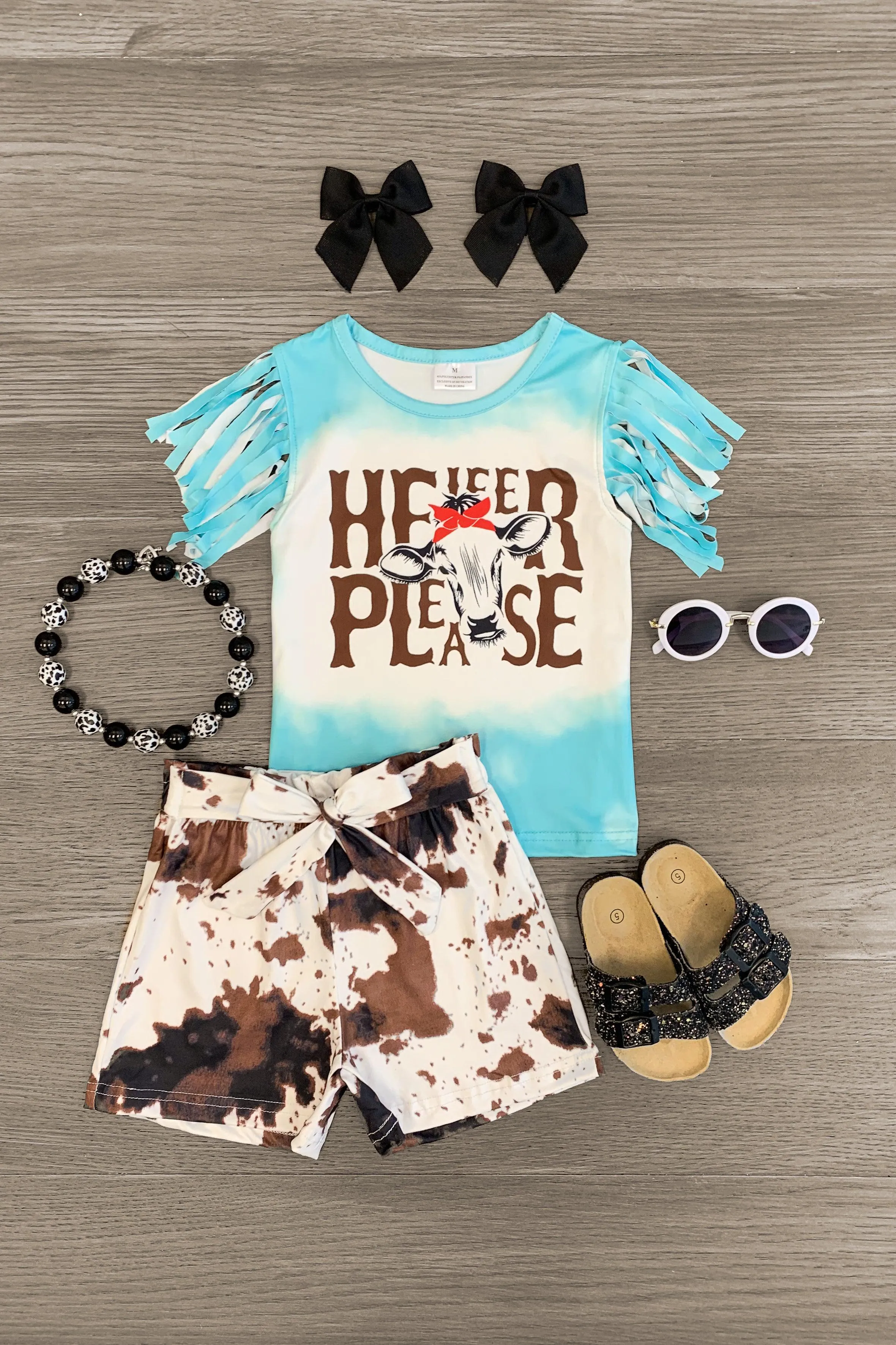 "Heifer Please" Blue Fringe Short Set