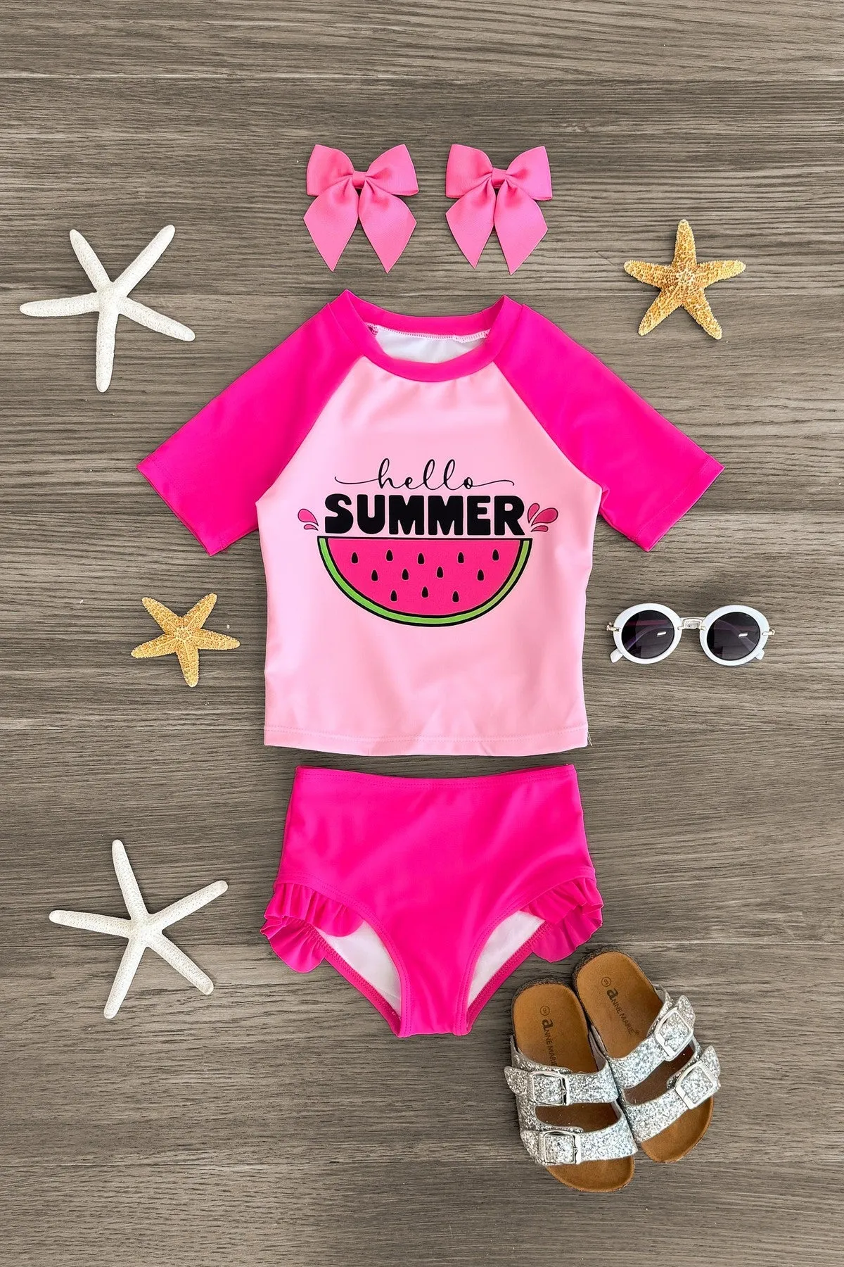 "Hello Summer" Pink Rash Guard Swimsuit