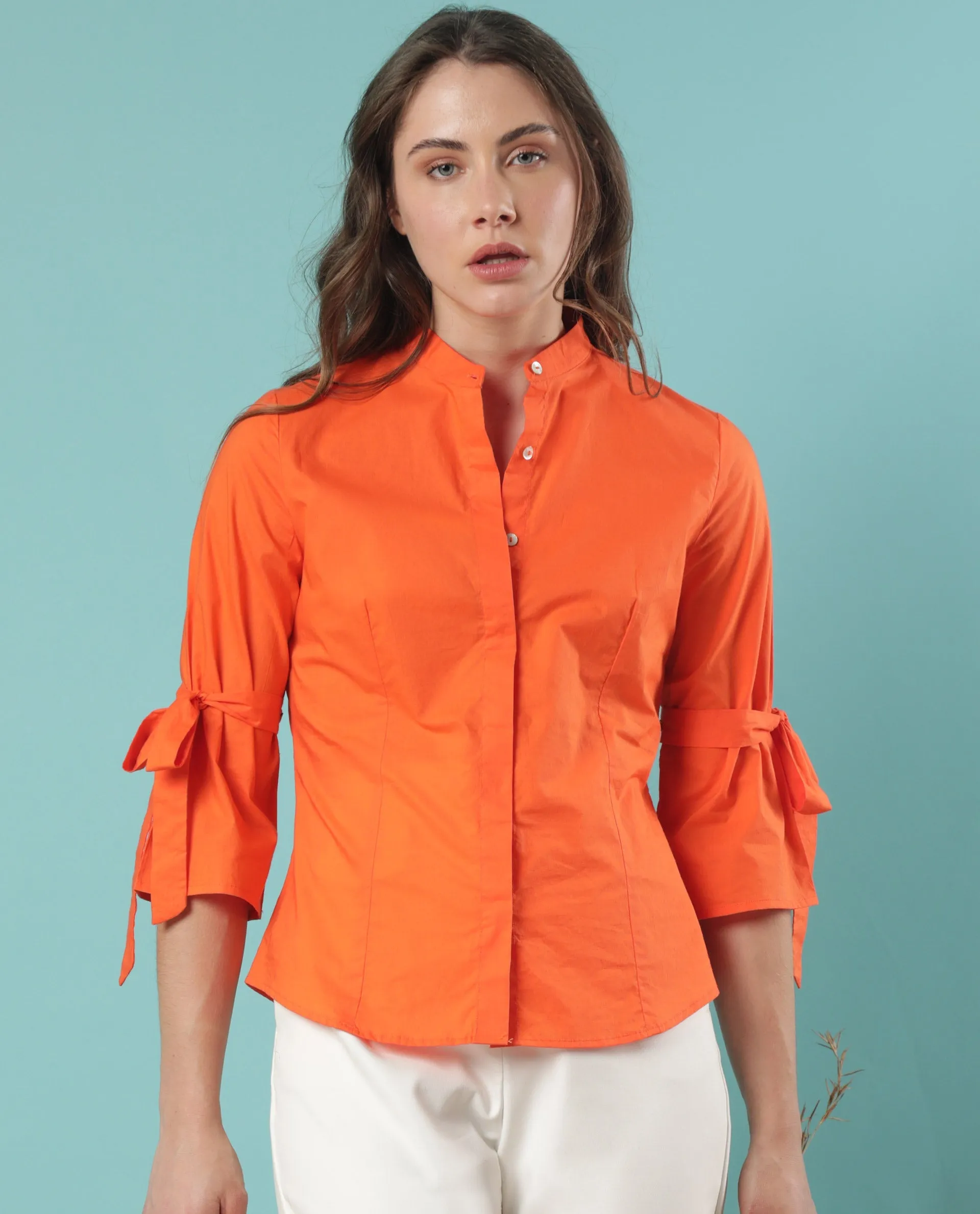 Rareism Women Tips Orange Cotton Fabric 3/4Th Sleeves Button Closure Mandarin Collar Regular Fit Plain Top