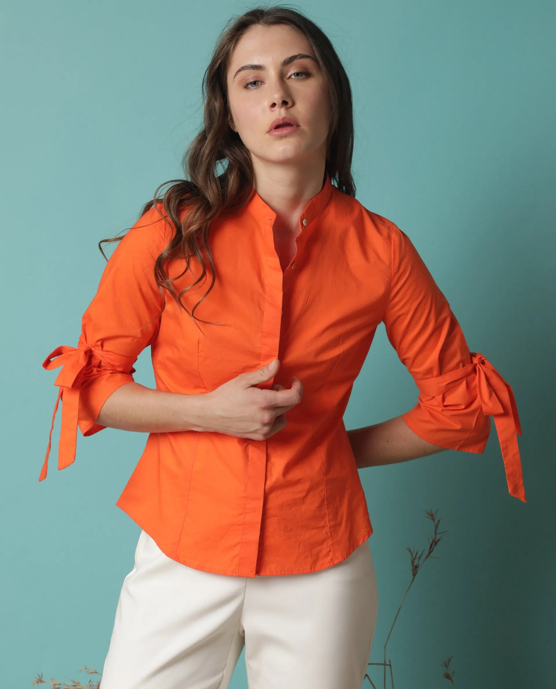 Rareism Women Tips Orange Cotton Fabric 3/4Th Sleeves Button Closure Mandarin Collar Regular Fit Plain Top