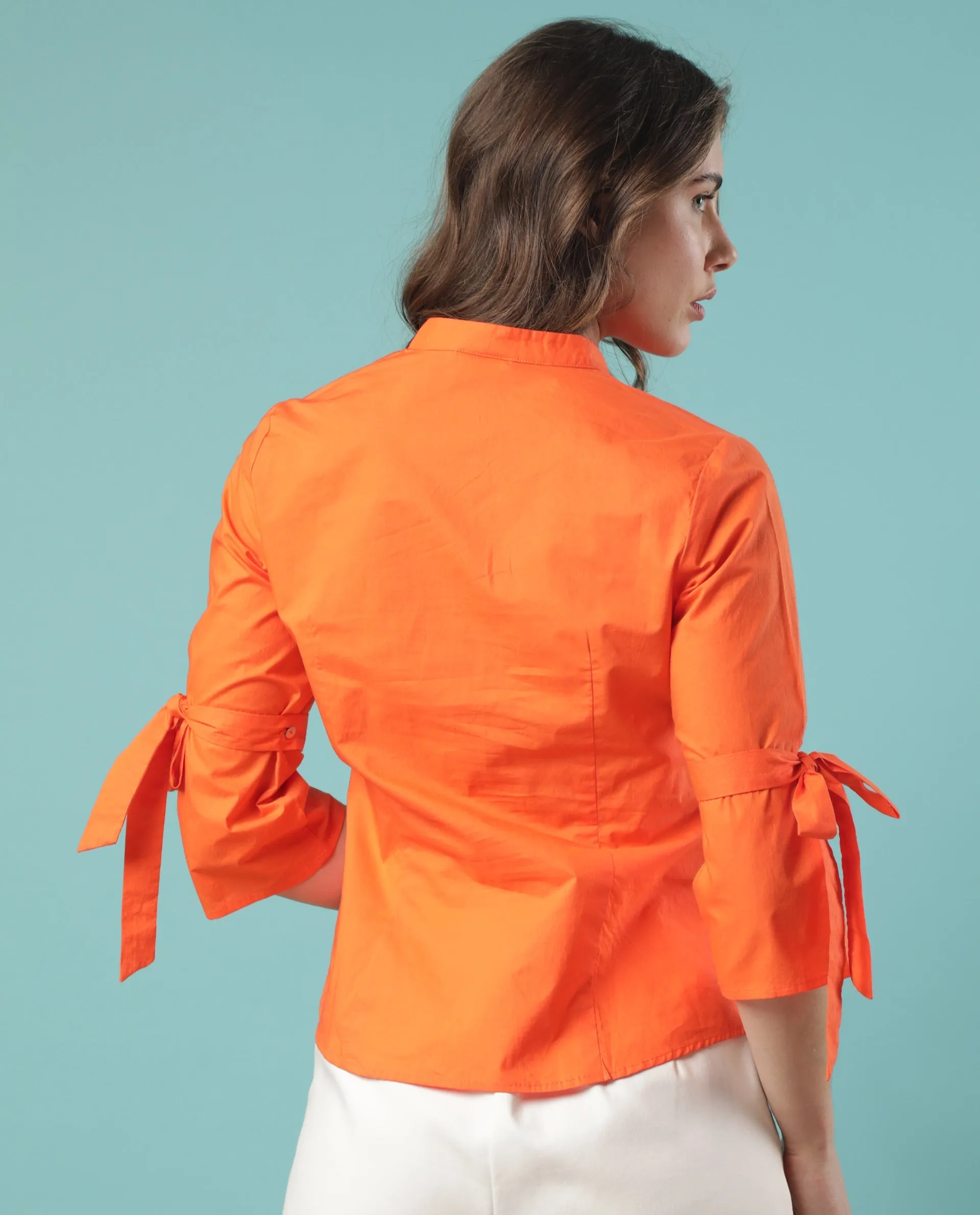 Rareism Women Tips Orange Cotton Fabric 3/4Th Sleeves Button Closure Mandarin Collar Regular Fit Plain Top