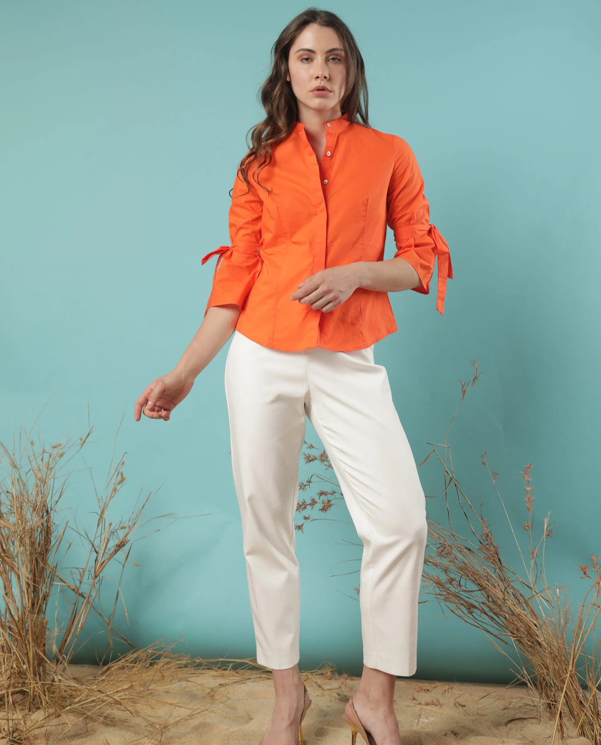 Rareism Women Tips Orange Cotton Fabric 3/4Th Sleeves Button Closure Mandarin Collar Regular Fit Plain Top