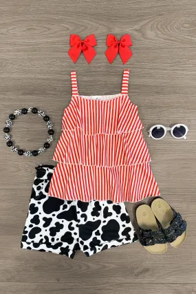 Red & White Striped Cow Short Set