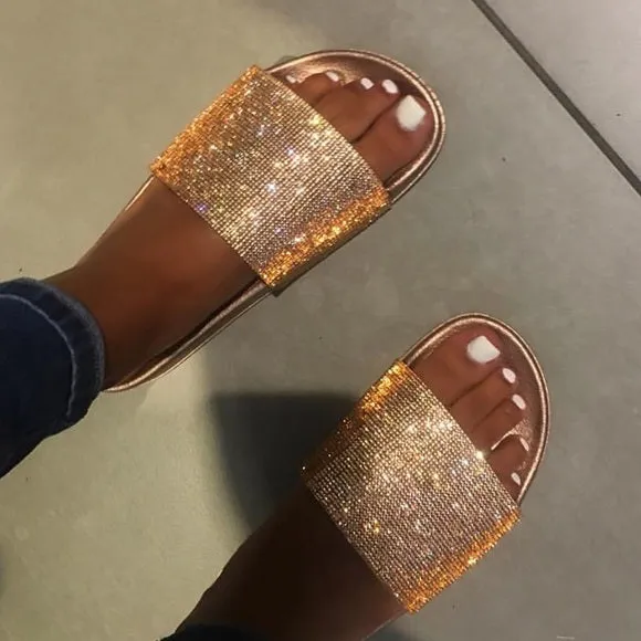 RHINESTONE EMBELLISHED SLIDES - ROSE GOLD