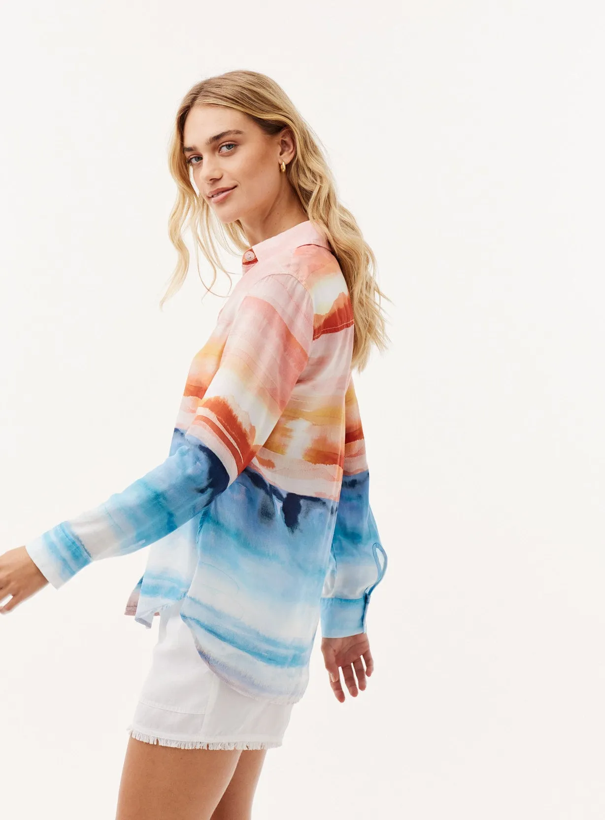 Satin Side Slit Button Down - Horizon Sunset Print