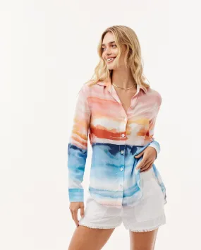 Satin Side Slit Button Down - Horizon Sunset Print