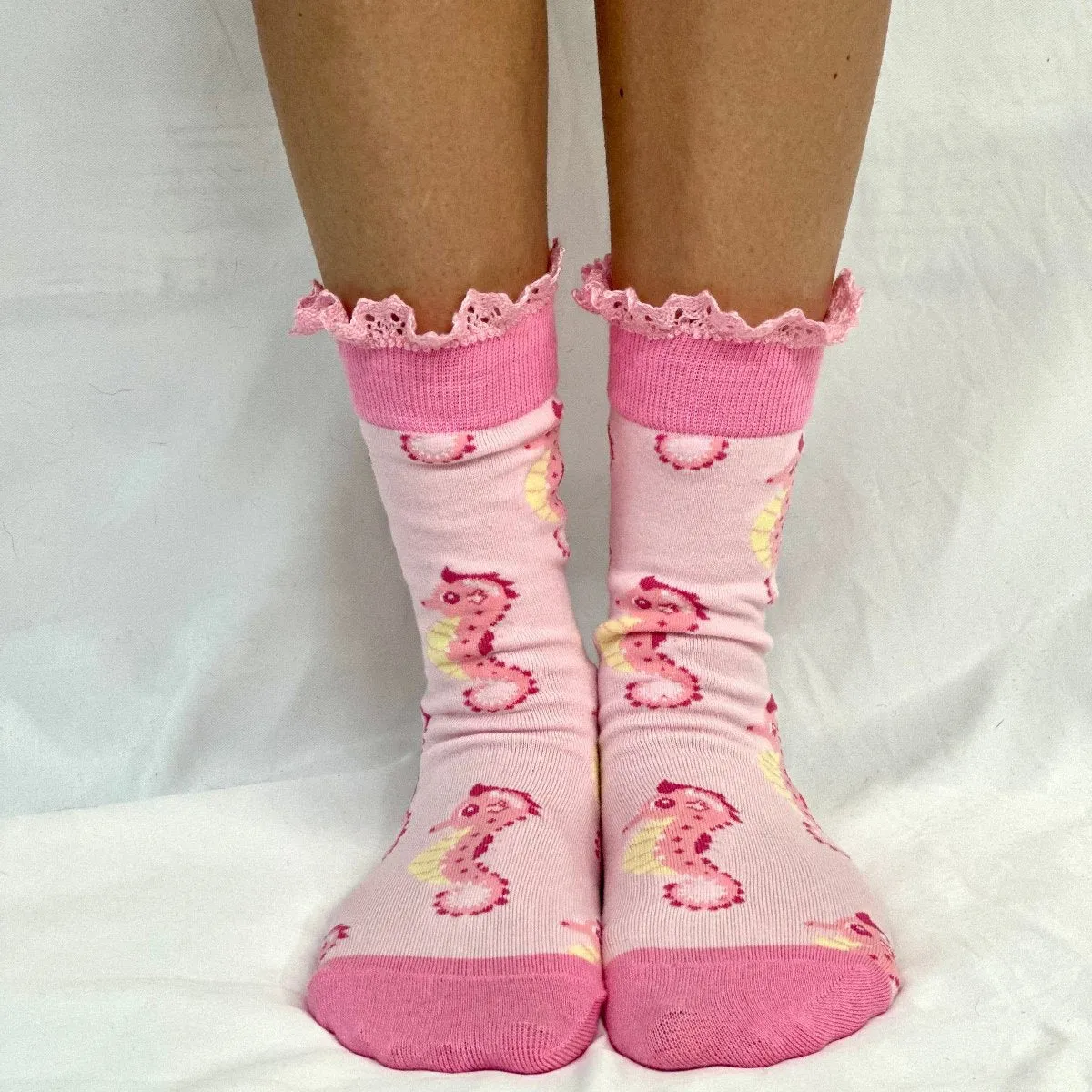 SEAHORSE  knit lace top crew sock -  pink