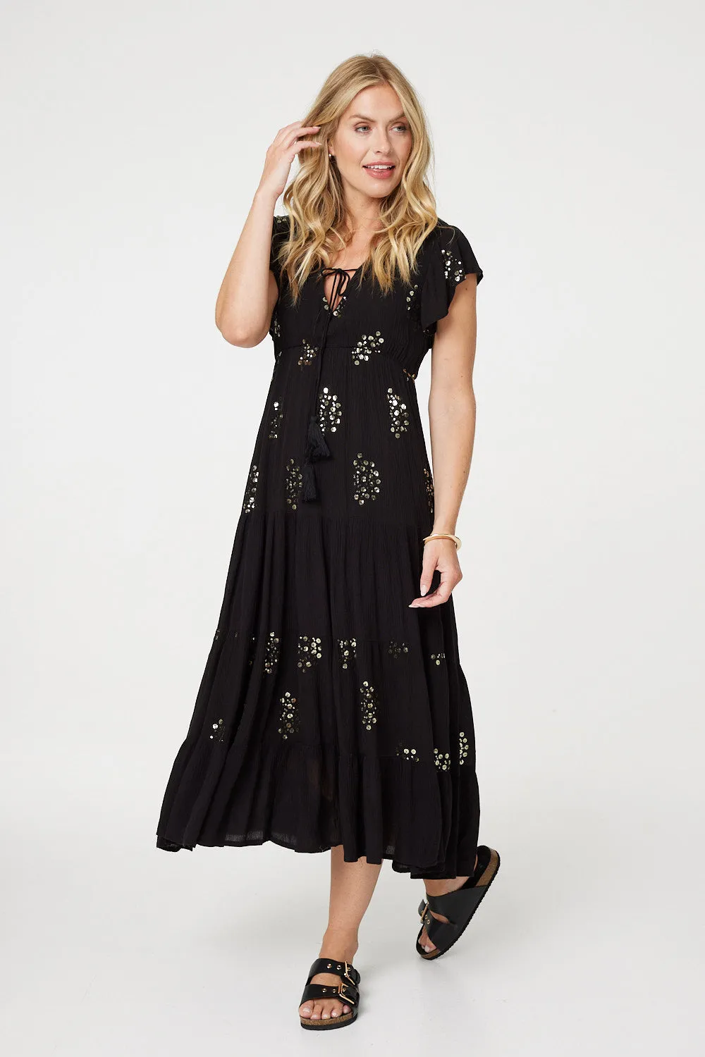 Sequin Detail Tie Neck Relaxed Maxi Dress