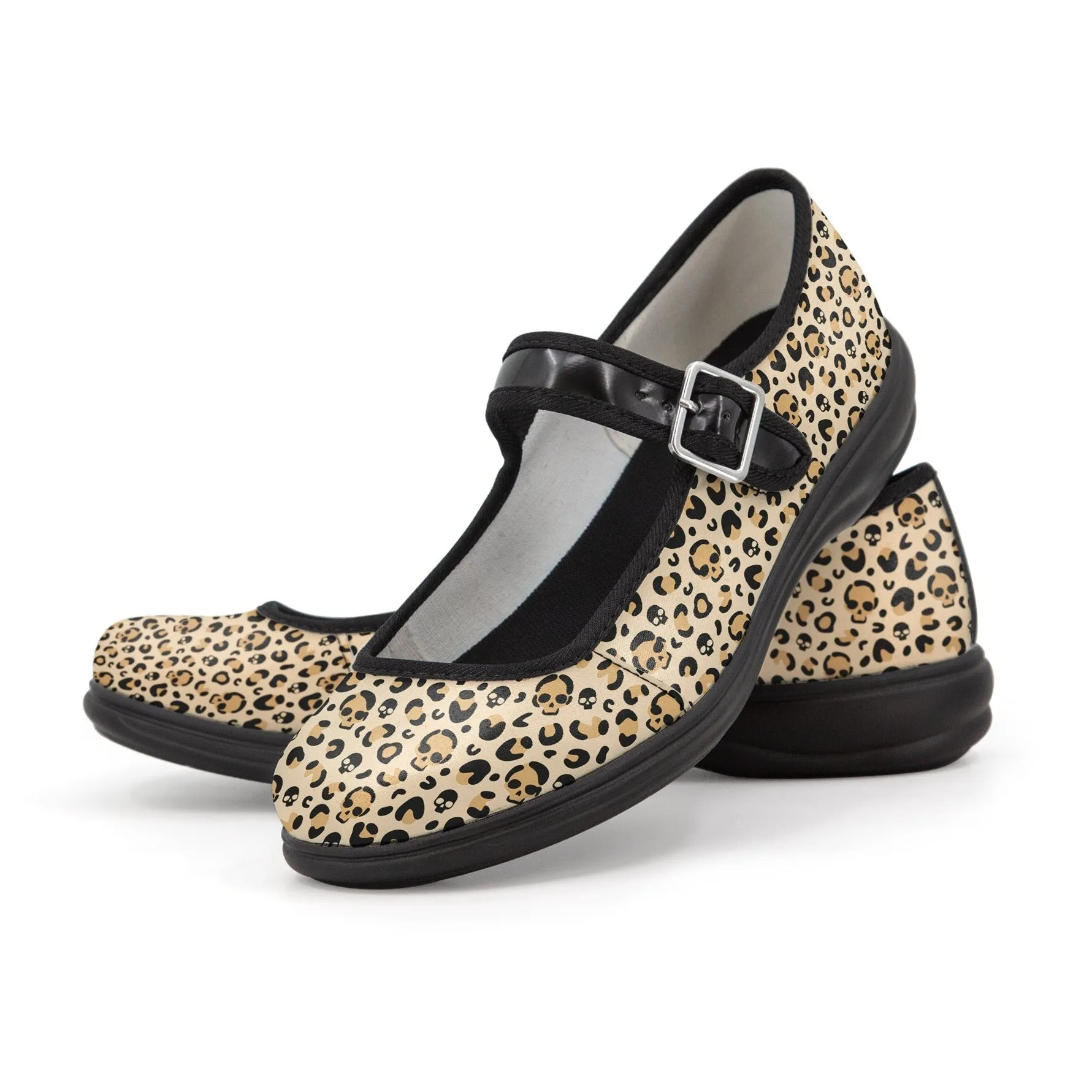 Skull Leopard Print Satin Women's Mary Janes