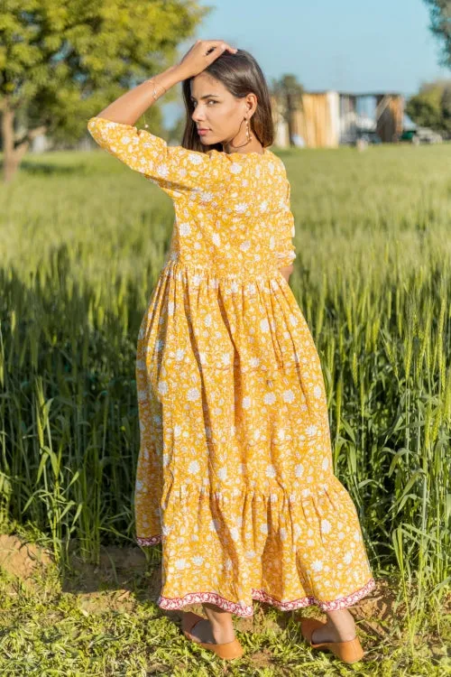 Sootisyahi 'Little Bit Sunshine' Azofree Handblock Printed Pure Cotton Dress