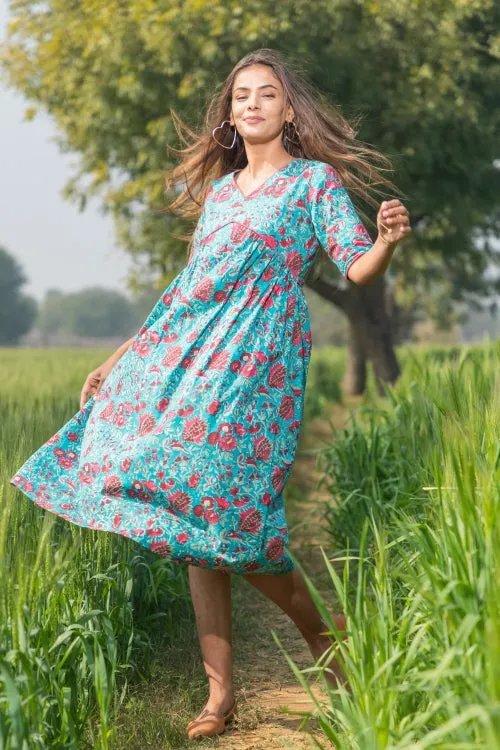 Sootisyahi 'Misty Blush' Azofree Handblock Printed Pure Cotton Dress