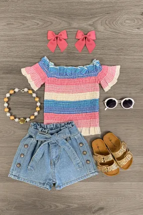 Striped Smocked Denim Short Set