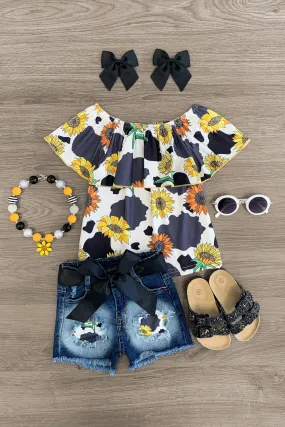 Sunflower & Cow Print Distressed Short Set